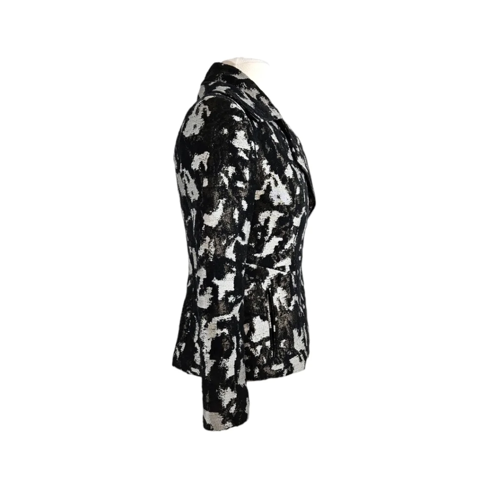 Lafayette 148 Black & Grey Abstract Animal Print Asymmetric Zipper Wool Blazer